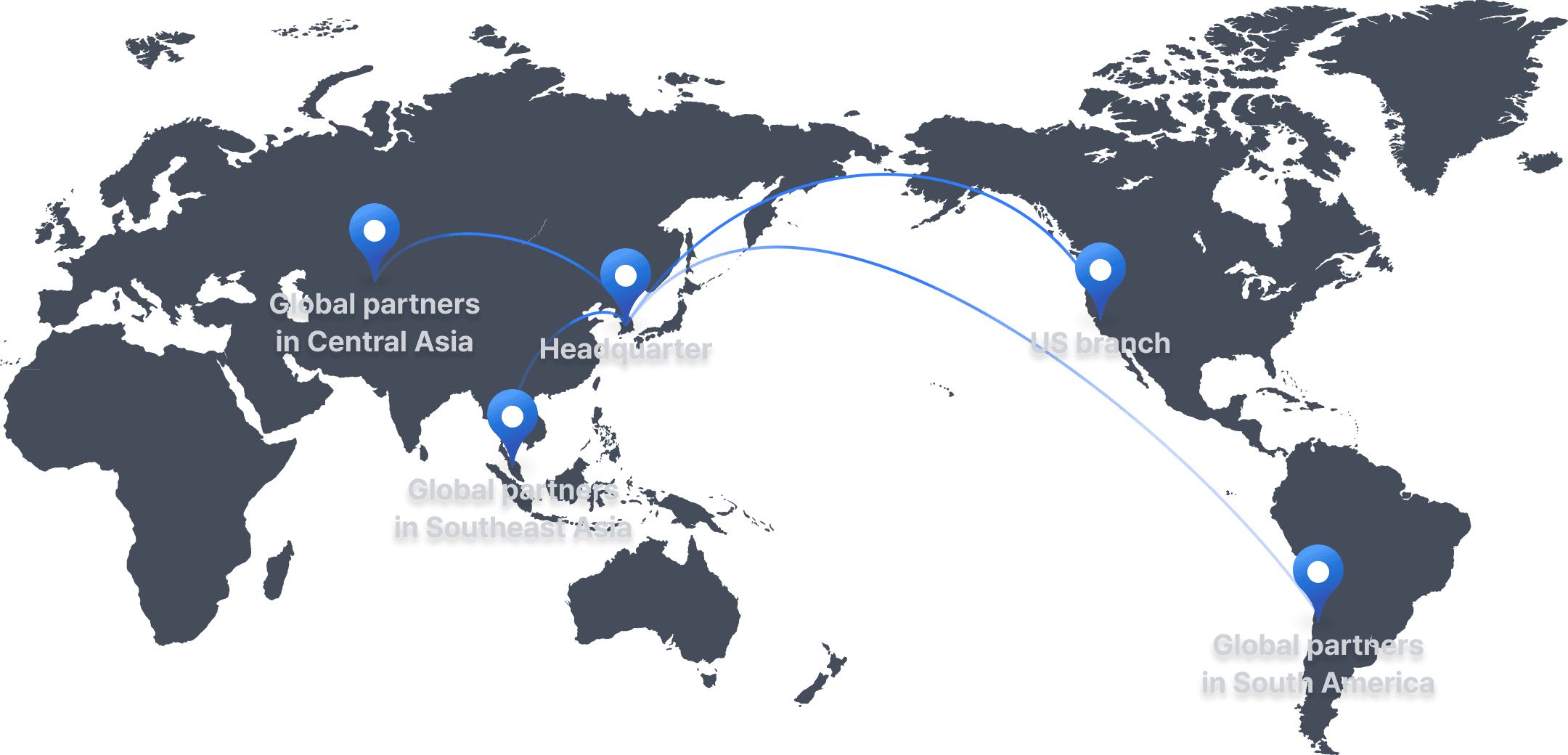 대한민국에서 미국, 남아메리카, 중앙아시아, 동남아시아로 뻗어나가는 지도 이미지