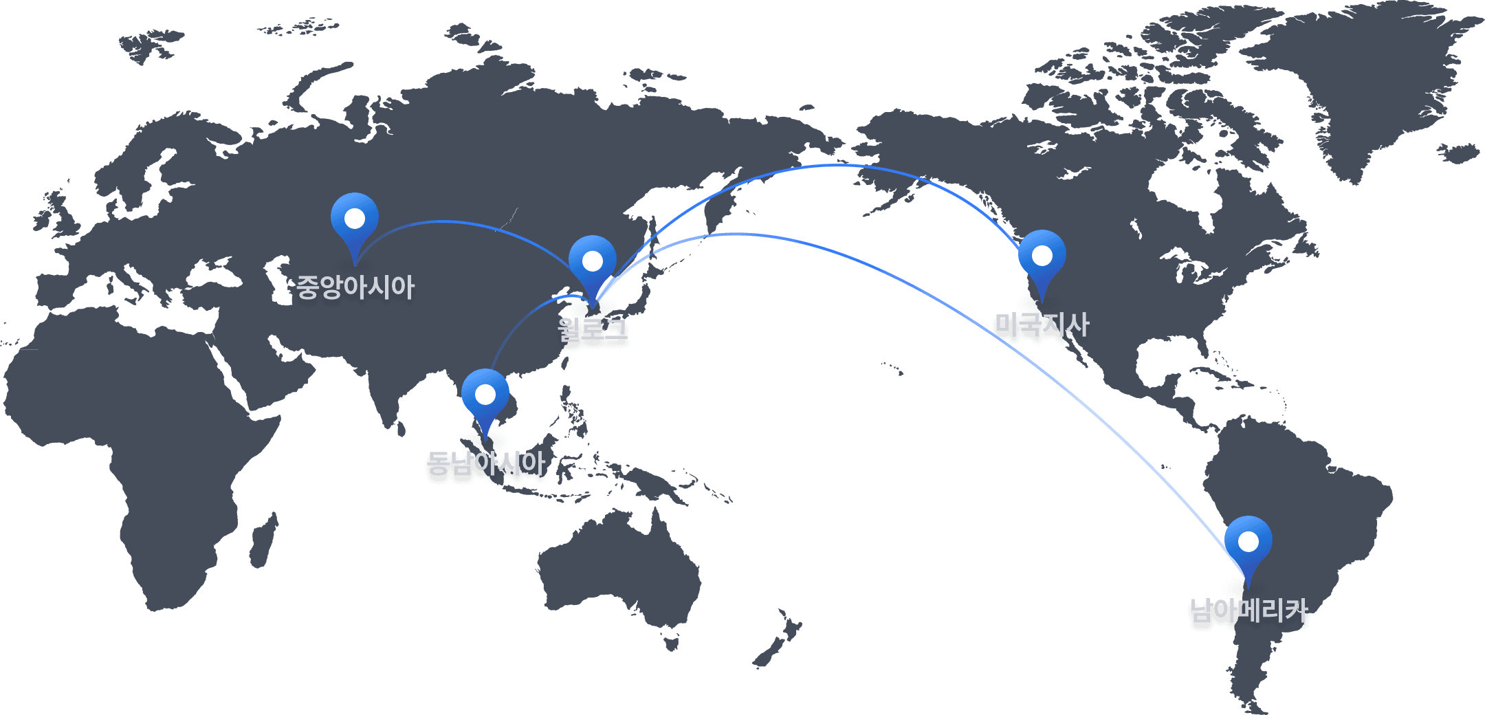 대한민국에서 미국, 남아메리카, 중앙아시아, 동남아시아로 뻗어나가는 지도 이미지